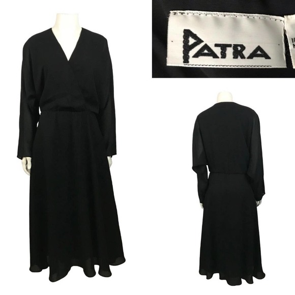 1980s Black Low Cut Dress Semi Sheer Dolman Sleeves / Women’s Medium * - Picture 1 of 4